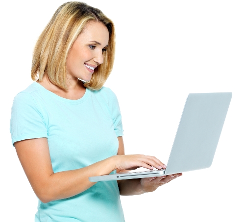 teal woman with laptop